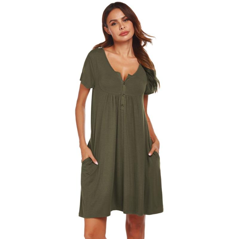 YYFS Women's Fashion Solid Color Print Summer Spring Short Sleeve V-Neck Loose Waistline Casual Dresses