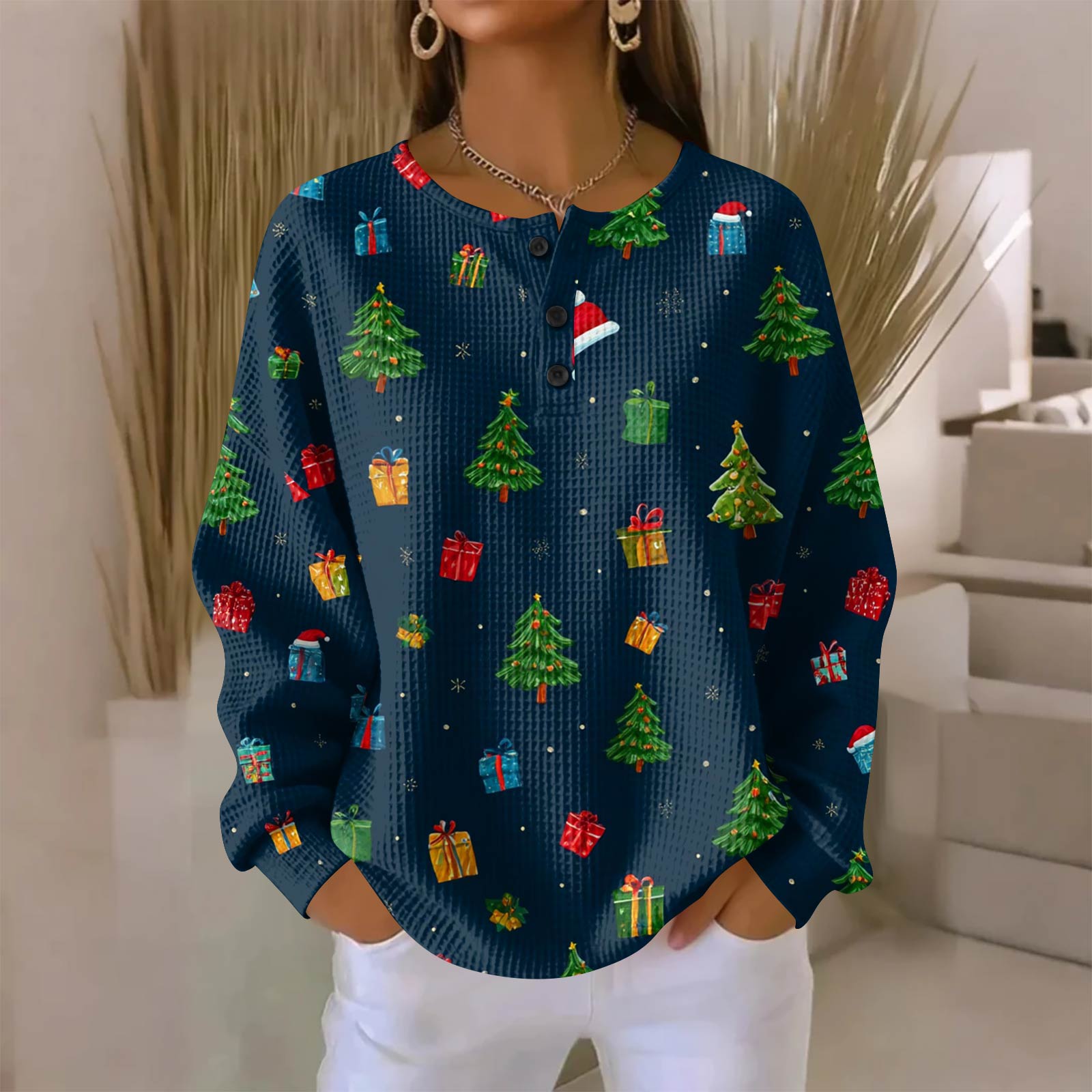 

Жіноча модна повсякденна блузка з V-подібним вирізом, довгими рукавами та принтом на різдвяну тематику, на ґудзиках S Темно-синій