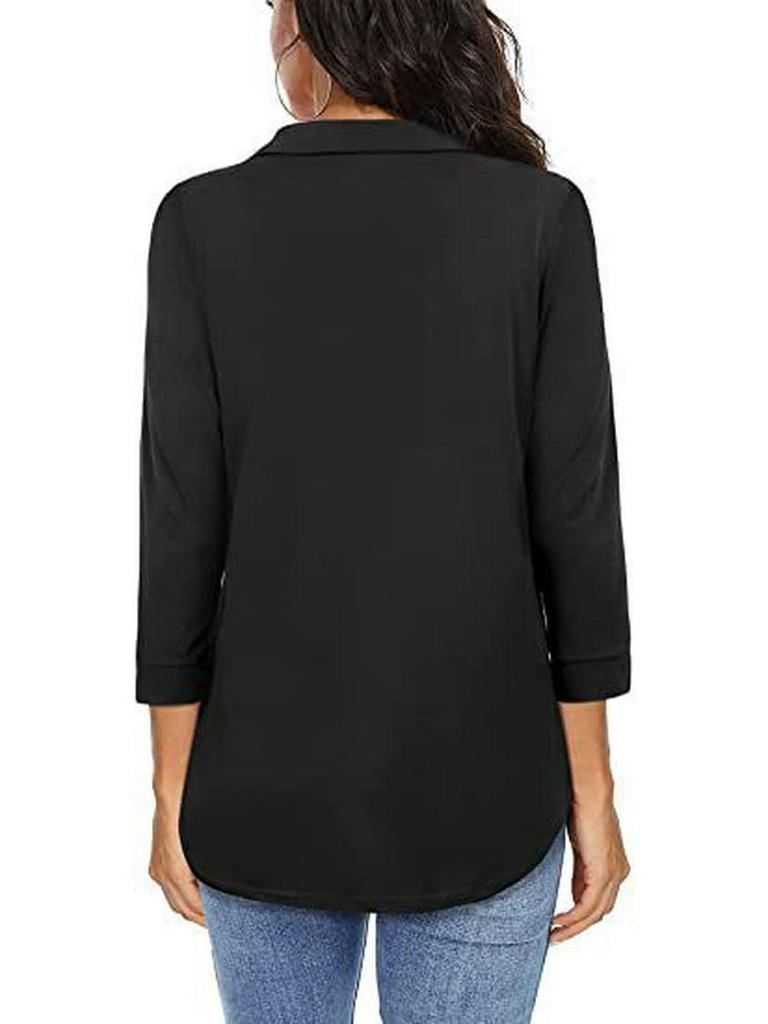 2025 Elegant Chiffon V-Neck Women's Shirt - Three-Quarter Sleeves, Solid Color