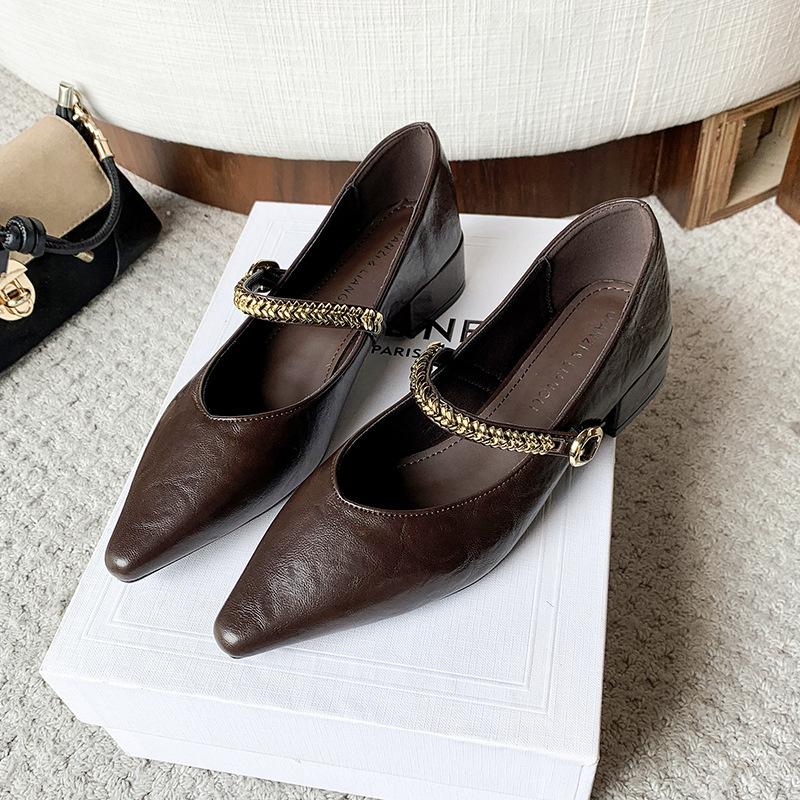 Spring and Autumn New French Retro Thick Heel Chain Mary Jane Women's Single Shoes Pointed Shallow Mouth One-word Buckle Granny Shoes
