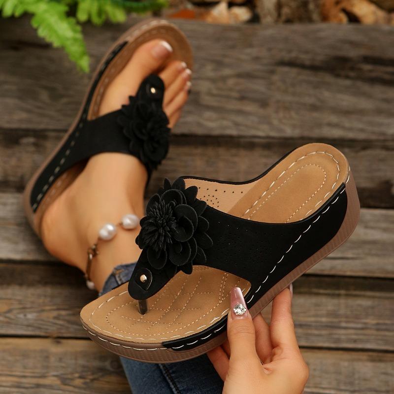 Large size women's shoes summer new slope heel cool slippers wearing flip-flops female flower sandals