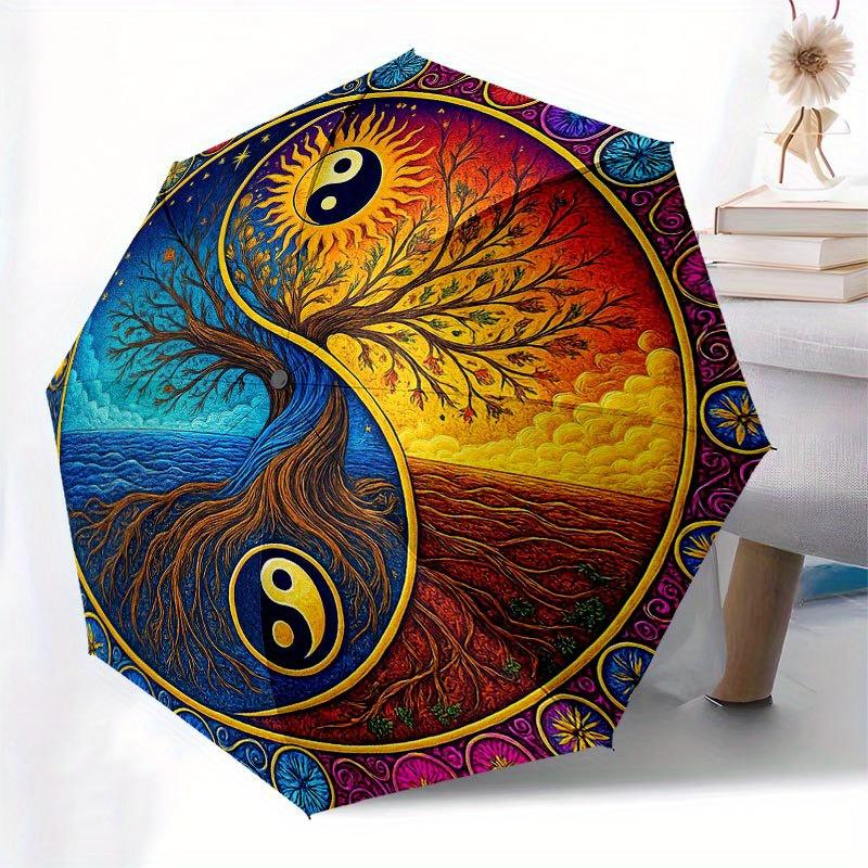 Yin Yang Tree of Life Wall Art Decor Umbrella, Portable 3-Fold Compact Umbrella for Men & Women R160