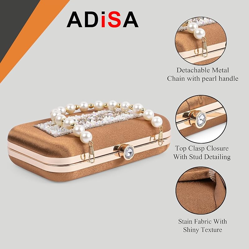 Adisa Beaded Formal Party Clutch With Gold Chain For Women And Girls (Cl108-Cop) M медный