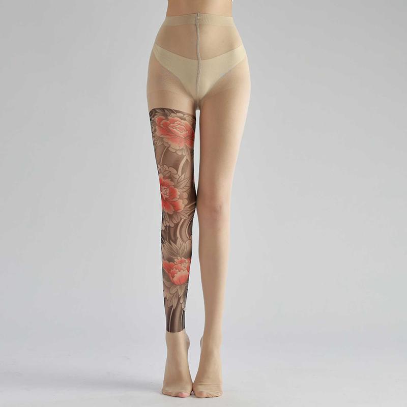 Dámské sexy potištěné punčochové kalhoty falešné tetování pivoňka punčochové kalhoty ženská perspektiva síťované legíny nylonové ponožky