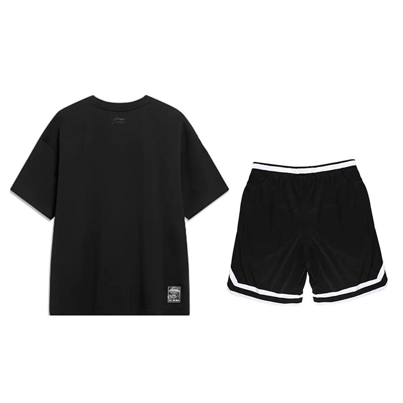 Li-Ning American Vintage Letter Print Short Sleeve Casual Sports Suit Unisex suit Black YHSU207-1+YAPV001-1