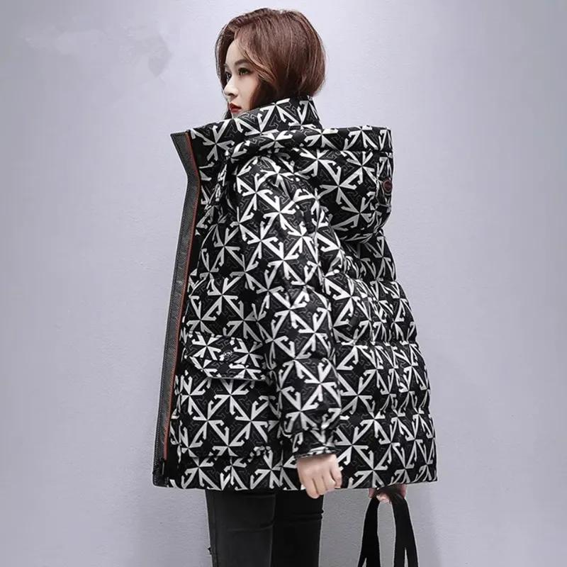 Winter Women's Mid Length Printed Down Cotton Jacket Standing Collar Hooded Winter Clothing