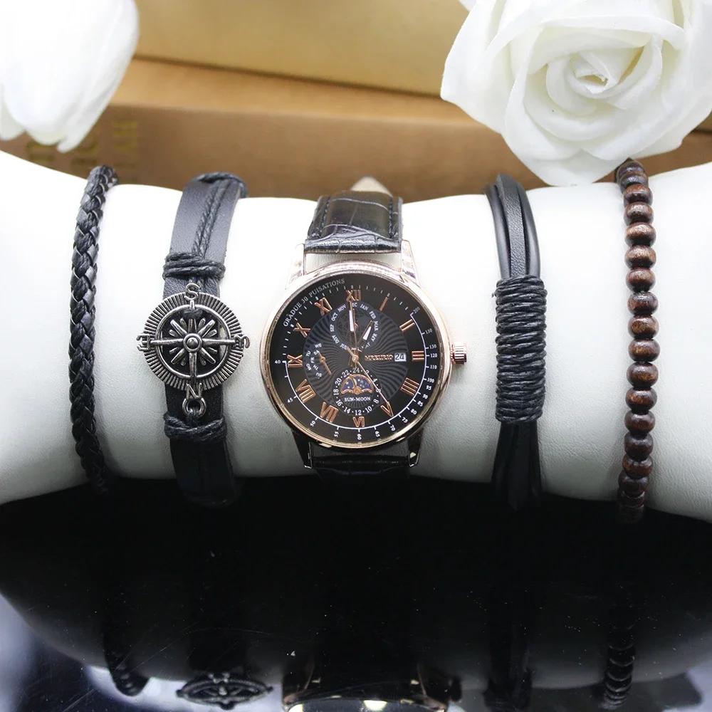 5pcs Set Fashionable New Quartz Watch Bracelet Calendar Gentlemanliness Round Dial Classic Watch for Gift Include Bracelet Box