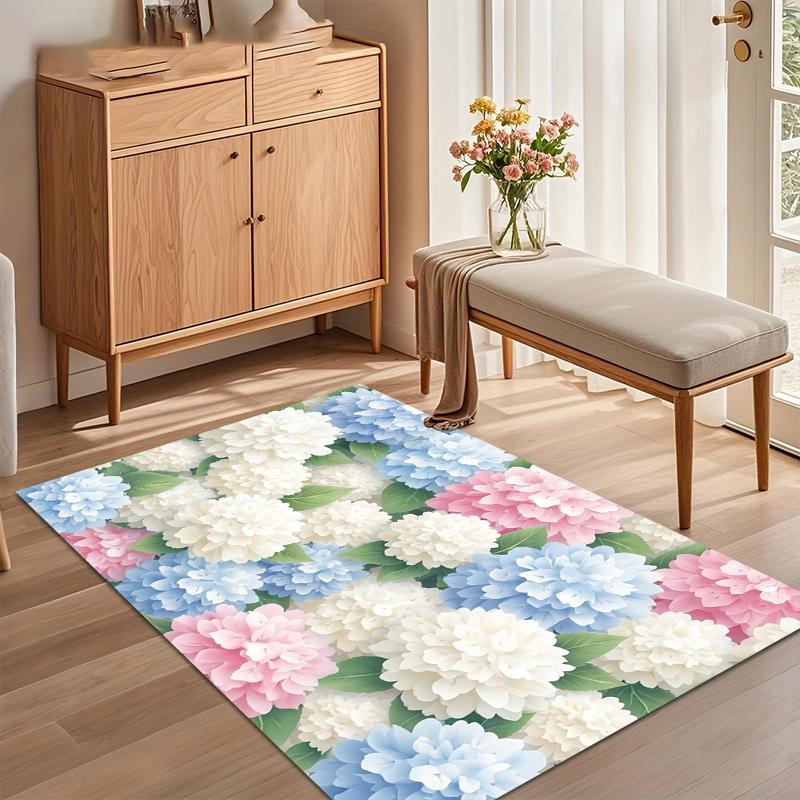 Lush Vibrant Soft Pastel Hydrangea Floral Area Rug Pink Blue White Print Cozy Floor Mat for Living Room Bedroom Entryway