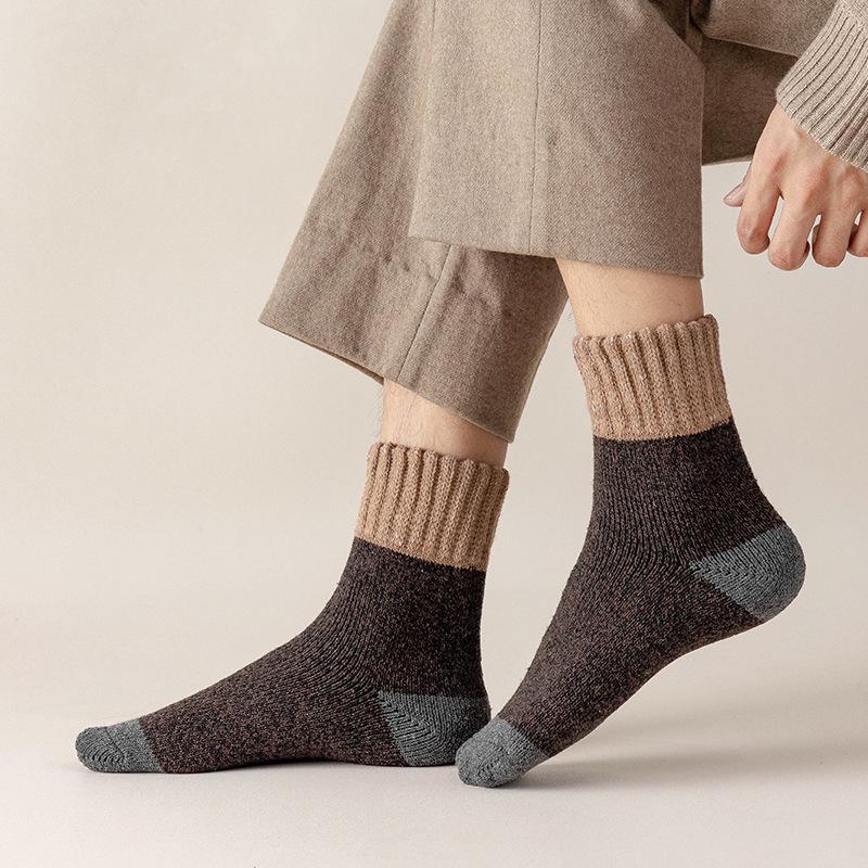 Men's Wool Blend Thermal Socks - Mid-Tube Color Match, Thickened Velvet, Ideal for Autumn/Winter, Sleep, and Towel Floor Use
