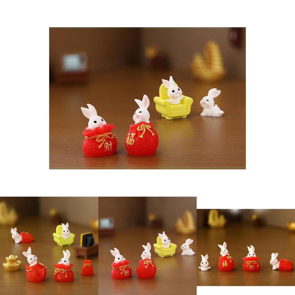 Charming Cartoon Resin Rabbit Figurine New Year Good Luck Bag For Home Decor