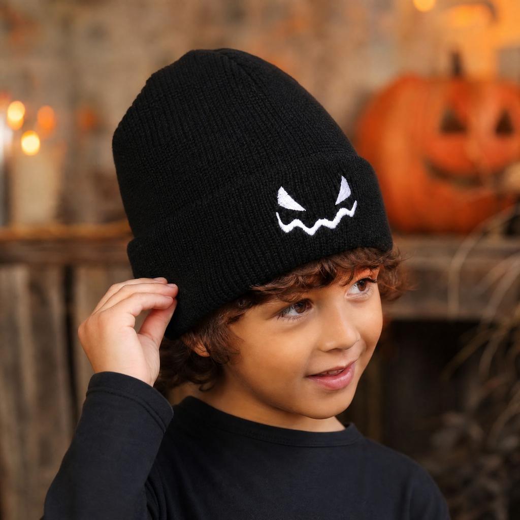 Unisex Halloween Pumpkin Knit Hat with Embroidered Devil, Fall Winter Novelty