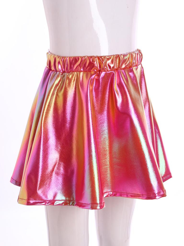 Girls Metallic Shiny Dance Skirt Elastic Waist A Line Miniskirt for Cheerleading Stage Performance