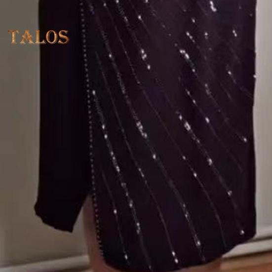 Dámské ležérní šaty s výstřihem do V, krátkým rukávem a těsným pasem po kolena, flitrované zdobení, jednobarevné šaty