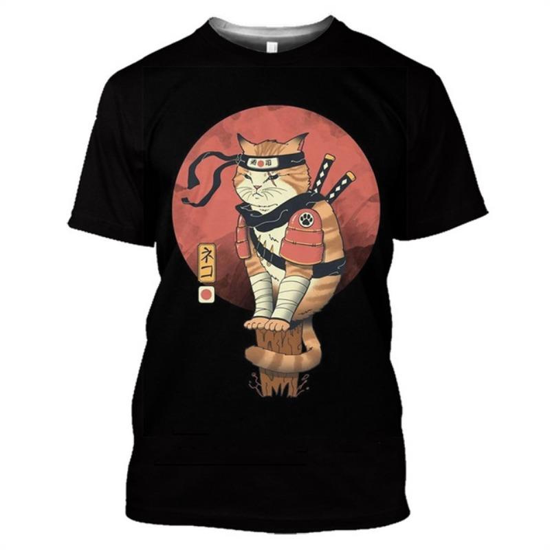 

2024 Japanese Samurai Cat T-shirt Summer Tshirts New Men s T-shirt Casual Short Sleeve Sports Fitness Top Retro T Shirt For Men 5XL