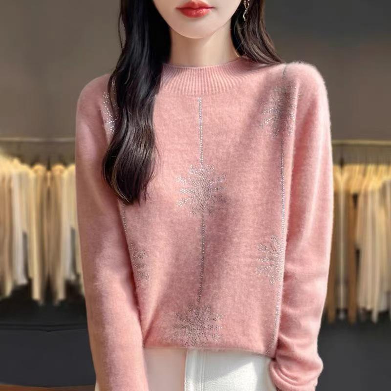 Autumn Winter Heavy Duty Rhinestone Velvet One-Piece High Collar Knit Pullover Sweater