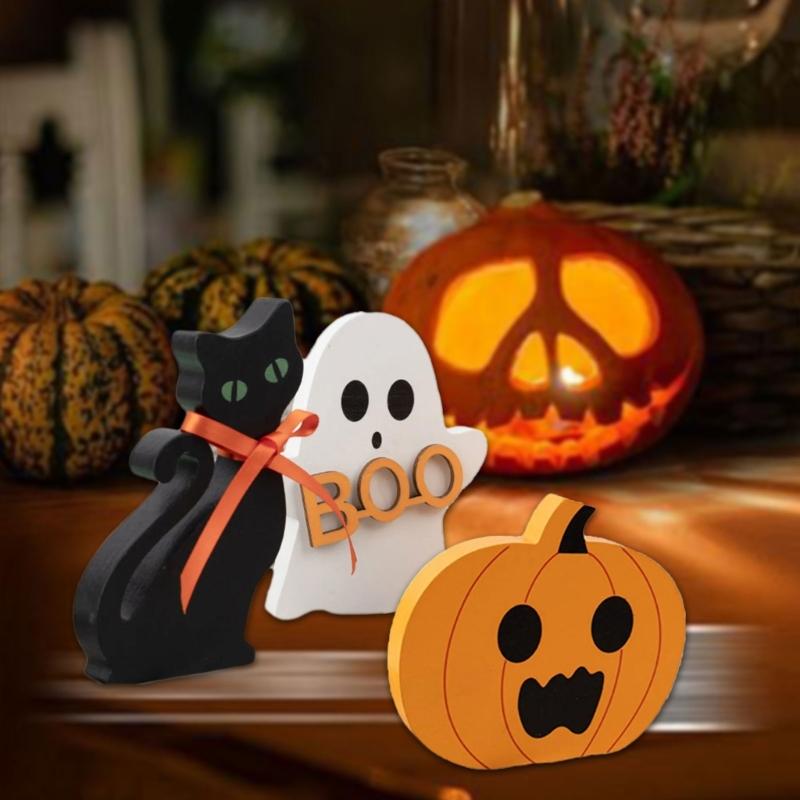 3PCS Spirit Pumpkin Cats Table Sign Wooden Ornaments Halloween Home Tabletop Decoration Festival Parties Supplies