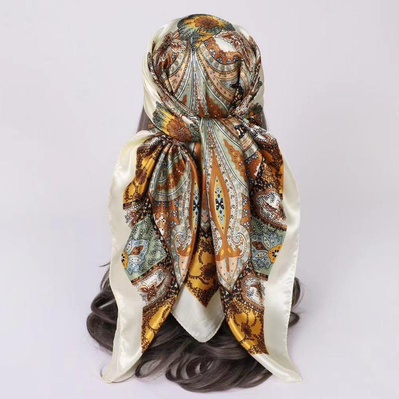 Eșarfă pentru cap femei de marcă de lux pătrată 90*90cm Bandana de satin de mătase Foulard Moale Batic Hijab Eșarfe de păr pentru doamne