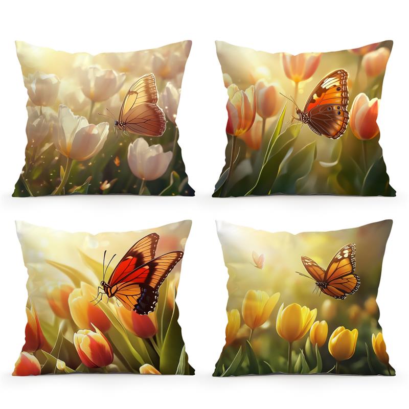 1Pc Butterfly And Tulips Pillow Cover For Home Living Room Bedroom Sofa Office Decorative Pillowcase Soft Throw Pillows 45X45Cm