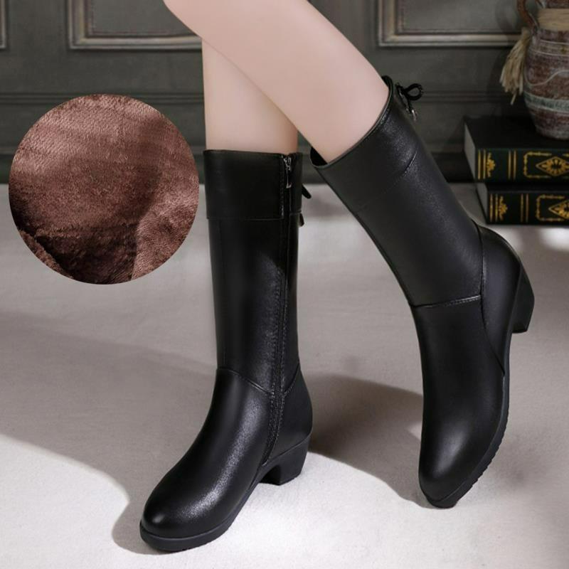 Winter Mid-tube Boots Women's High-heeled Mid-heeled Thick-heeled Plus Velvet All-match Large Size Cotton Shoes Leather Boots