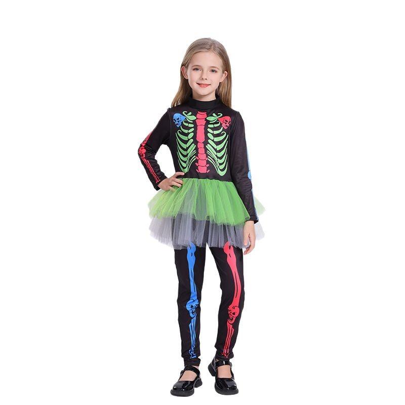 Halloween Kids Skeleton Bodysuit Dress Colorful Bone Costume Girls Cosplay Outfit Party