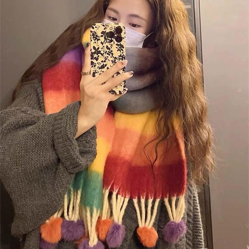 Winter new high-end warm thickened scarf women's winter dopamine striped hairball cold-proof shawl
