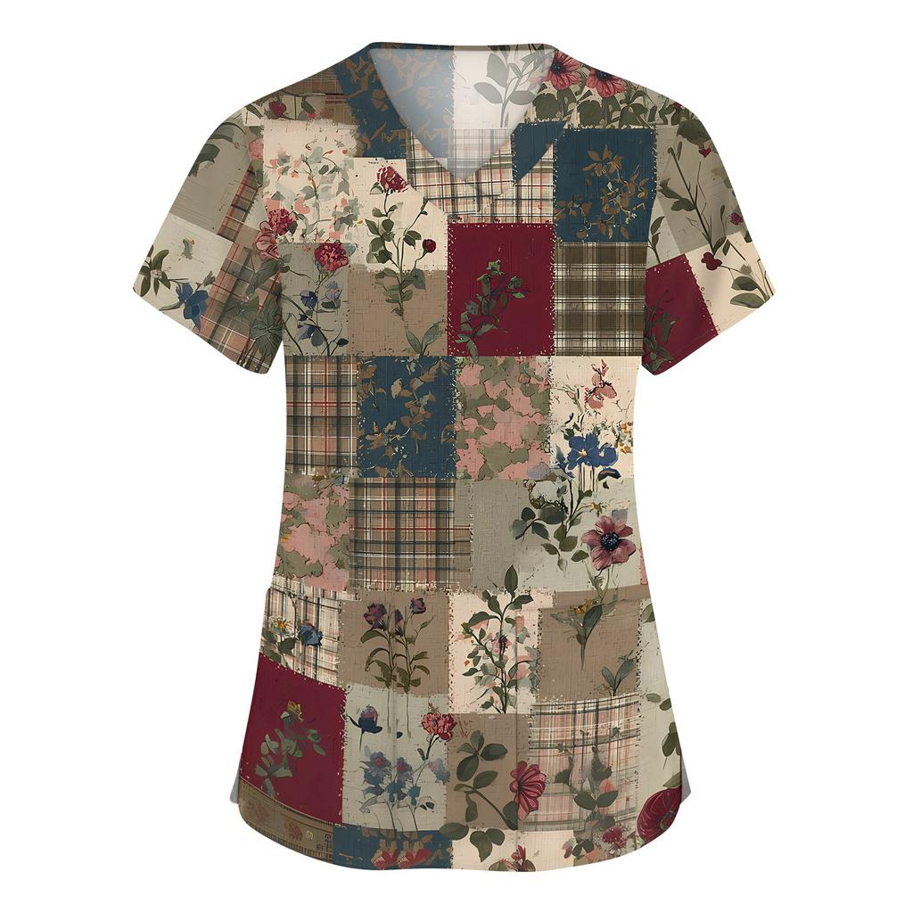 Damesmode werkkleding met V-hals, korte mouwen en bedrukte zakken