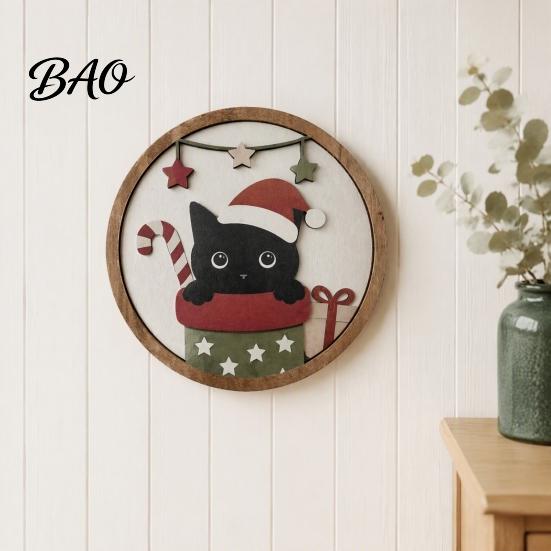Creative Wall Layout Christmas Black Cat Decor, Layered Wooden Hanging Sign, Round 2D Art Decor Flat Decoration for Living Room Bedroom And Hall Porch