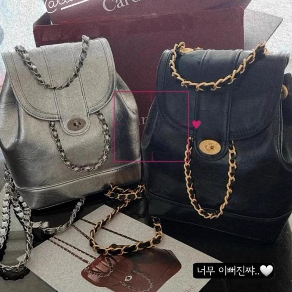 All Match Oil Wax Leather Schoolbags Ins PU Leather Backpacks Solid Color Chain Backpack  Winter
