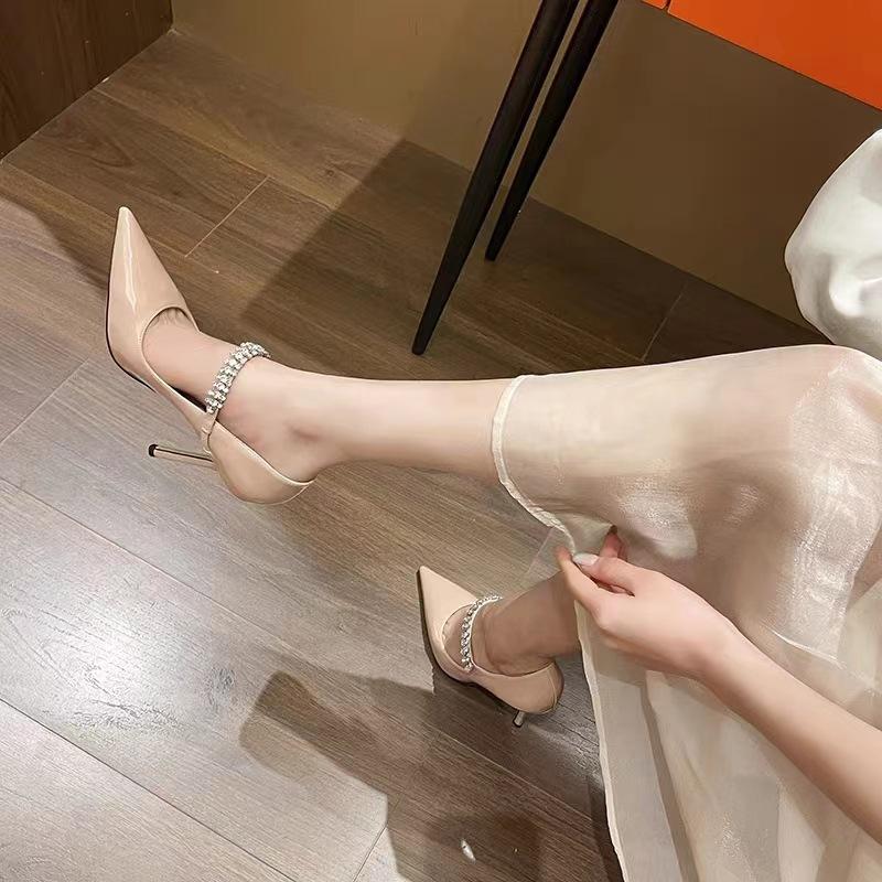Summer 2024 New French Nude Gentle Rhinestone Pointed-toe High Heels Stiletto Patent Leather Mary Jane Single Shoes Women