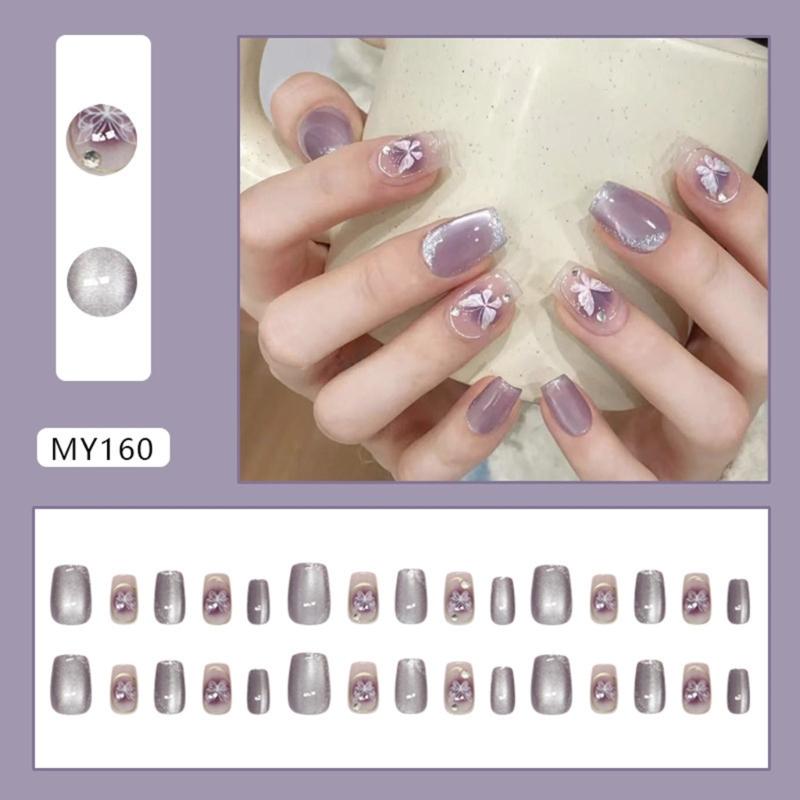 Square Press On Nail Cats Eye Fake Nail Butterfly Design Full Cover Glues On Nail Glossy Acrylic Nail Artificial Nail
