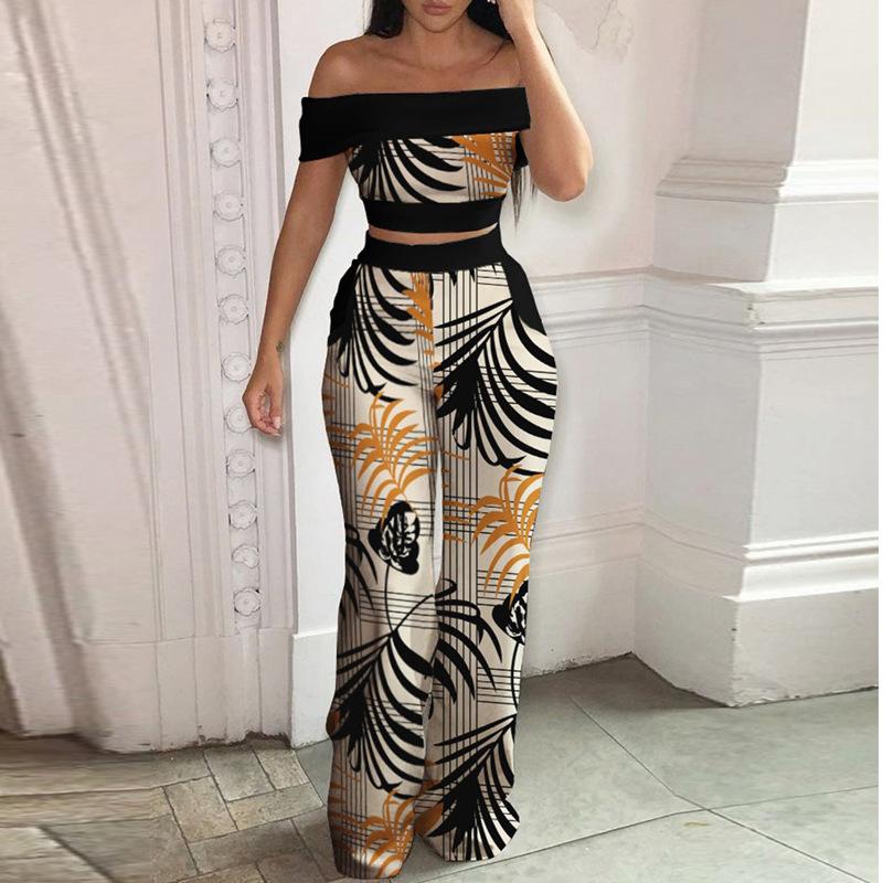 1116 Europäische und amerikanische Damenbekleidung, kurzes bedrucktes Top, zweiteiliges Set mit hoher Taille, Hosen mit weitem Bein, Damen-Freizeitanzug 661