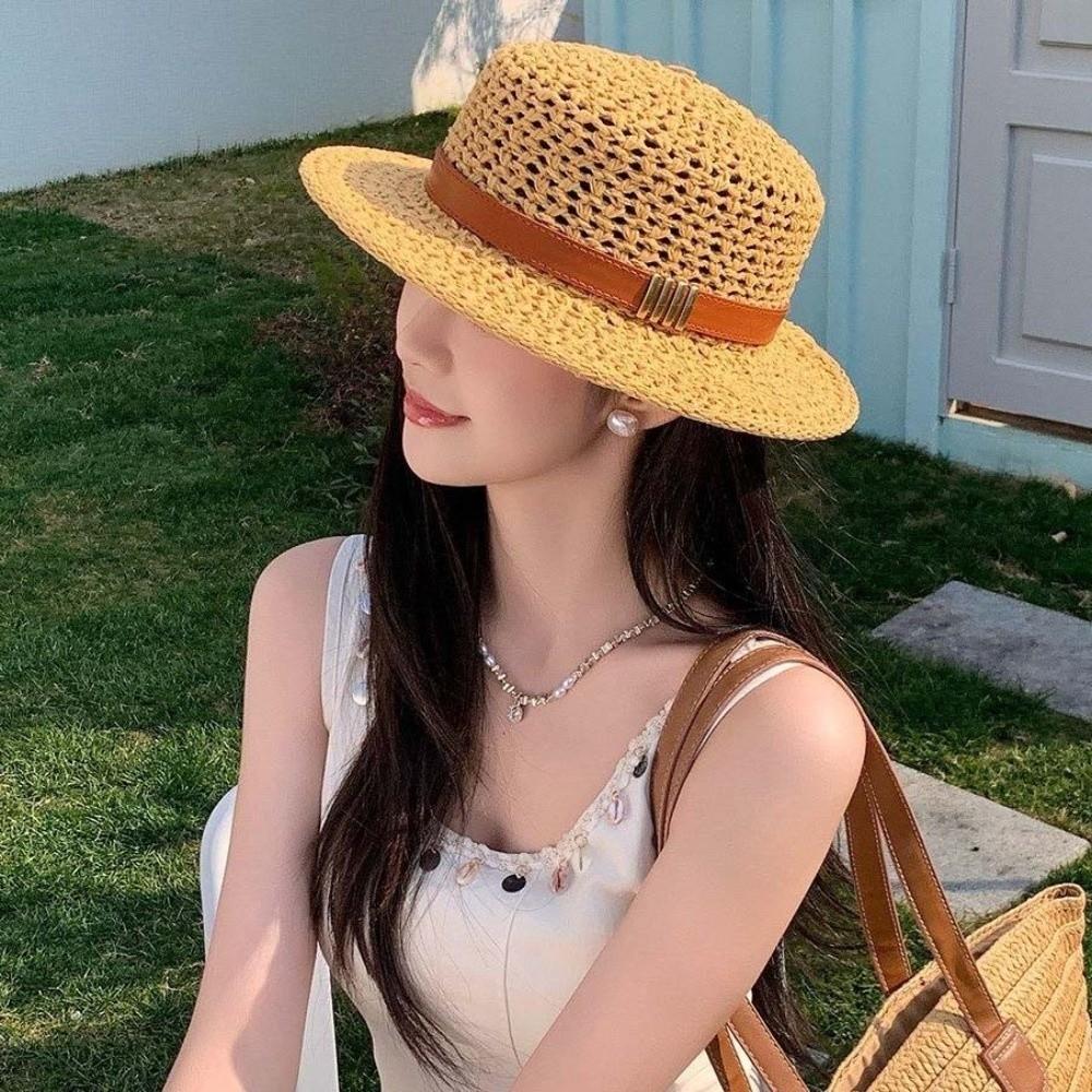 Sun Protection Straw Boater Hat Lightweight Flat Top Beach Hat Handwoven Sun Cap  Beach Vacation