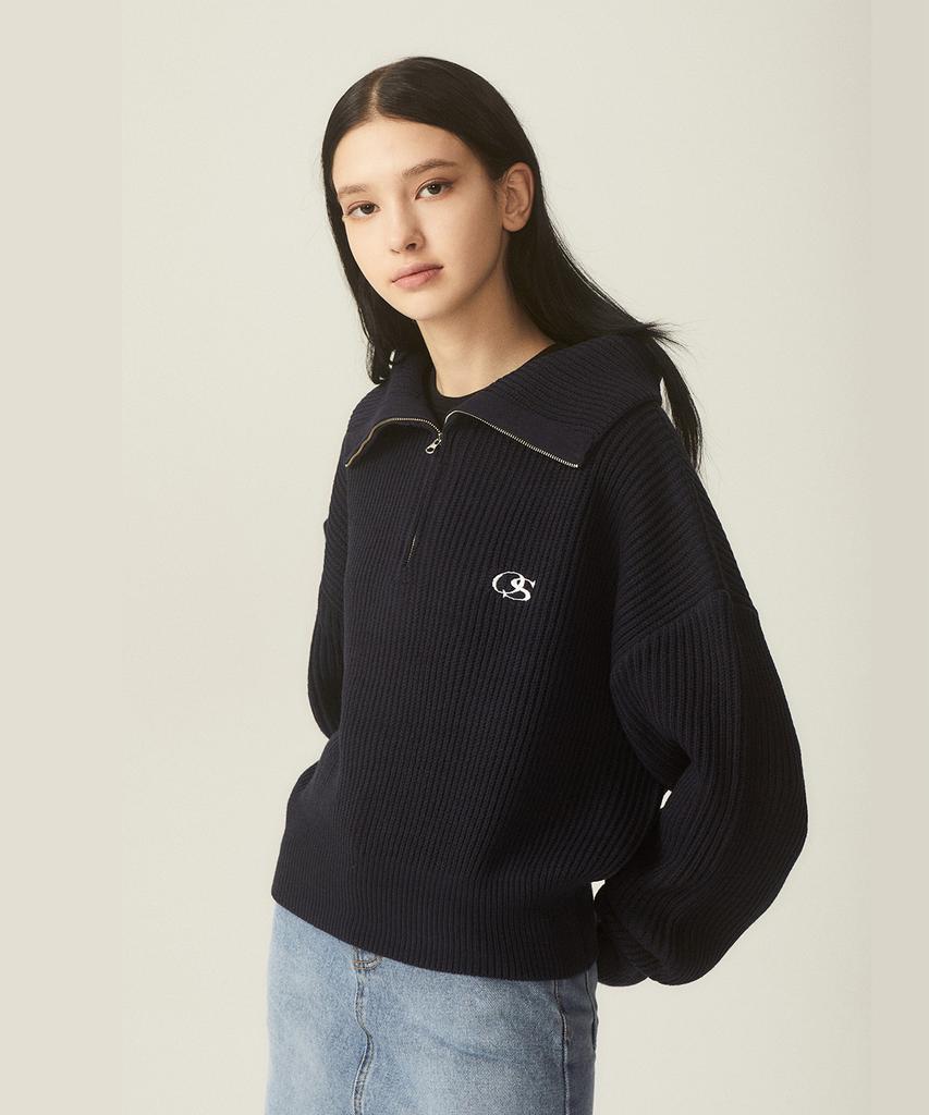 ODDSTUDIO Os Logo Crop Knit Half-Zip - Navy