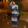 Printed Slim-fit Hip-wrapped One-step Skirt Round Neck Long-sleeved Long Dress Color Matching and Painting Personalized Women's Clothing
