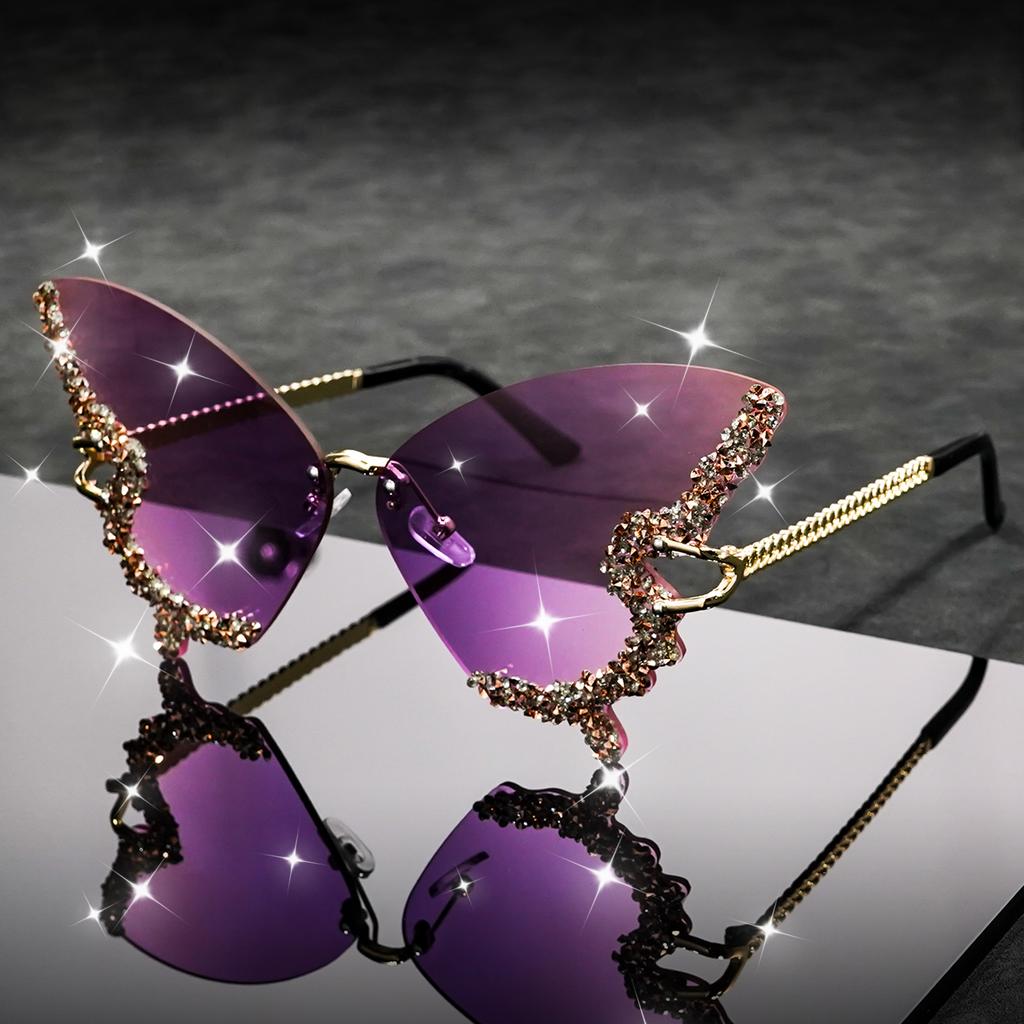 Butterfly Rimless Stylish Sunglasses for Women Men Bling Rhinestone Gradient Tint Decorative Eyeglasses for Costume Party