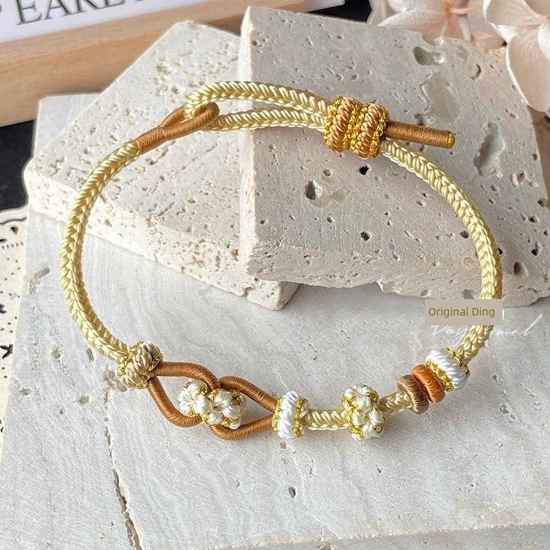 

Плетеный вручную ремешок для переноски «Цвет персика Майяр» двойного слоя, носимый браслет из золотых бусин на удачу, плетеный шнур, полуфабрикат для DIY Maillard Single layer