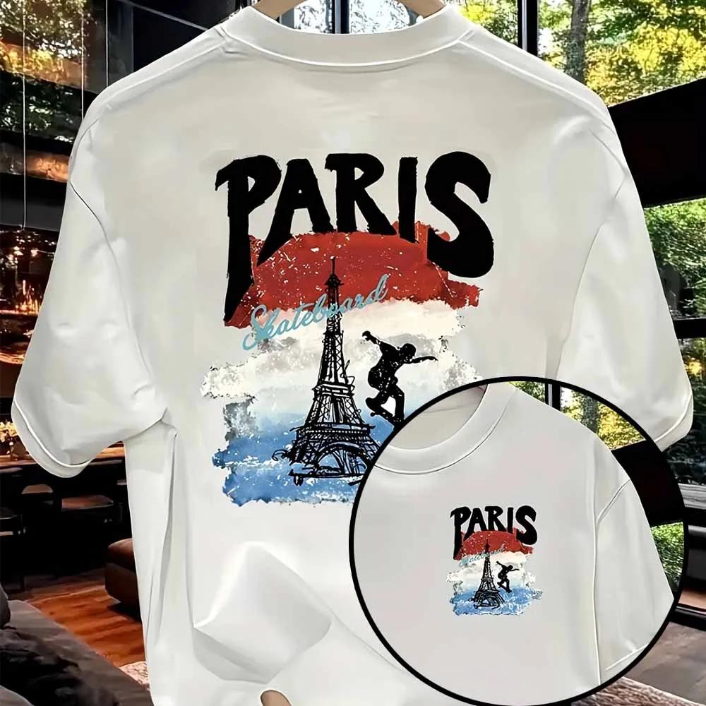 Men Paris Graphic Print Tshirts Summer Casual Fashion High Street Harajuku Tops Oversize Crew Neck Short Sleeve Cotton Tshirts