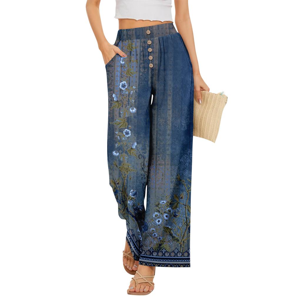 Damen Sommer Boho Palazzo Hose Hohe Taille Weites Bein Blumendruck Freizeithose Mit Taschen
