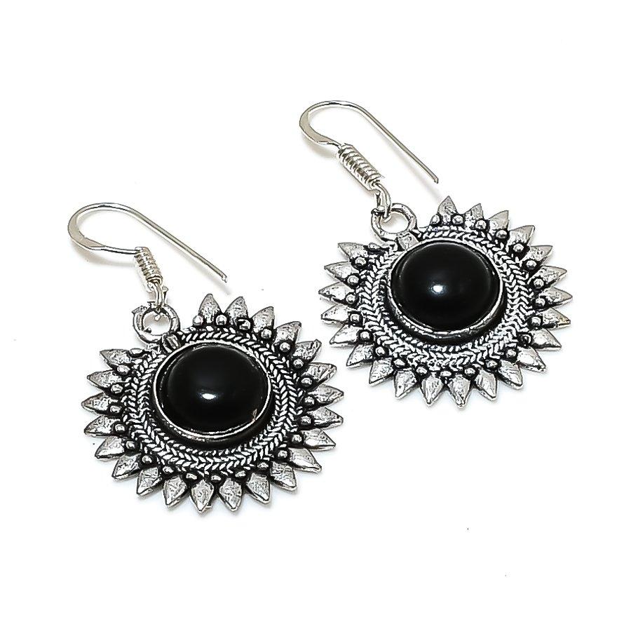 Natural Black Onyx Gemstone 925 Sterling Silver Jewelry Earring 1.58" RE-548