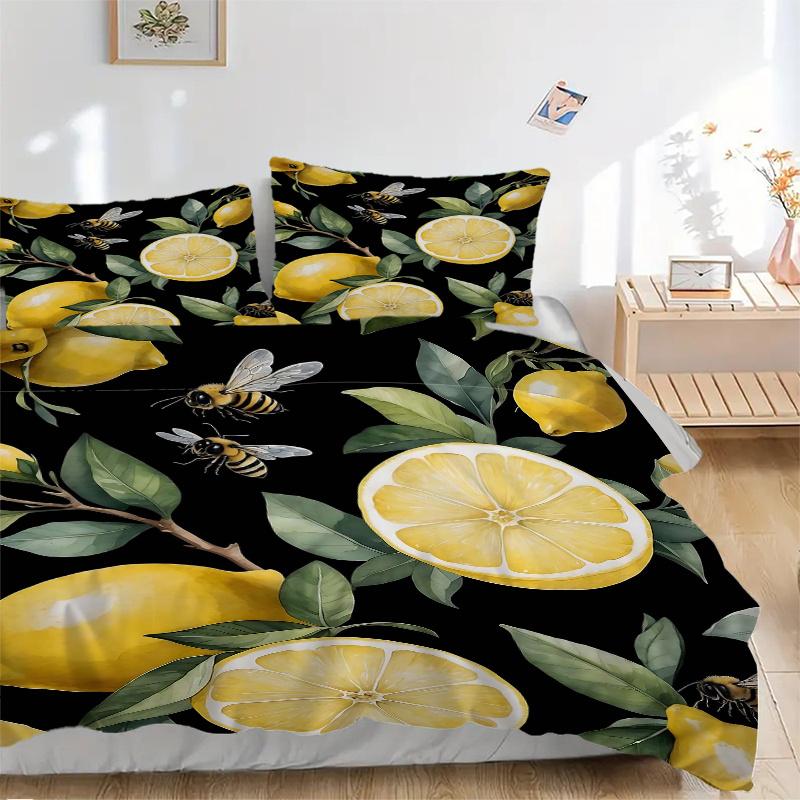 3pcs Yellow Lemons and Bees Bedding Set, Including 1 Quilt Cover and 2 Pillow Shams, Without Filling, Soft and Comfortable Home Bedroom Fabr