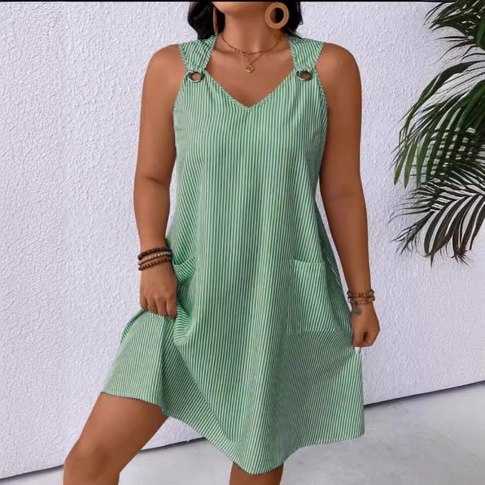 

HNXC Женская мода Лето Весна Полосатый Принт Без Рукавов V-образный Вырез Повседневные Платья XXL зелёный