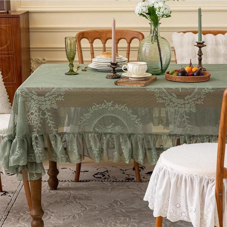 Floral Lace Polyester Tablecloth, Square French Vintage Lace Edge Design for Dining, Coffee Table & Party Decor