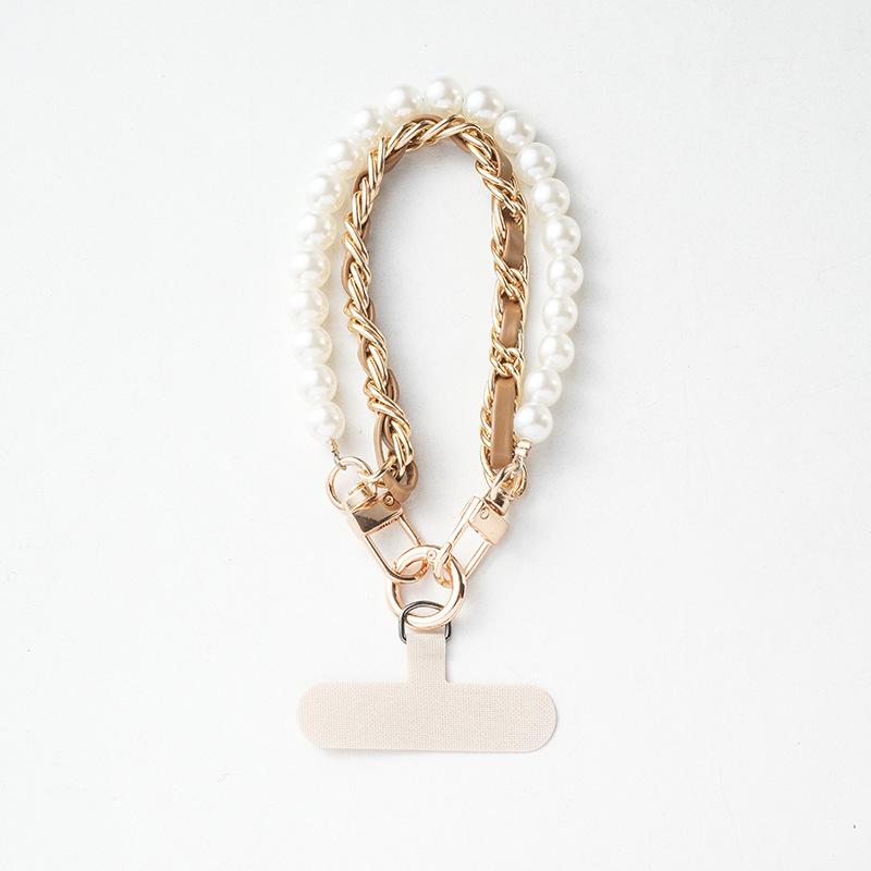 Women Short Wrist Pearl Chain Phone Lanyard Metal Buckle