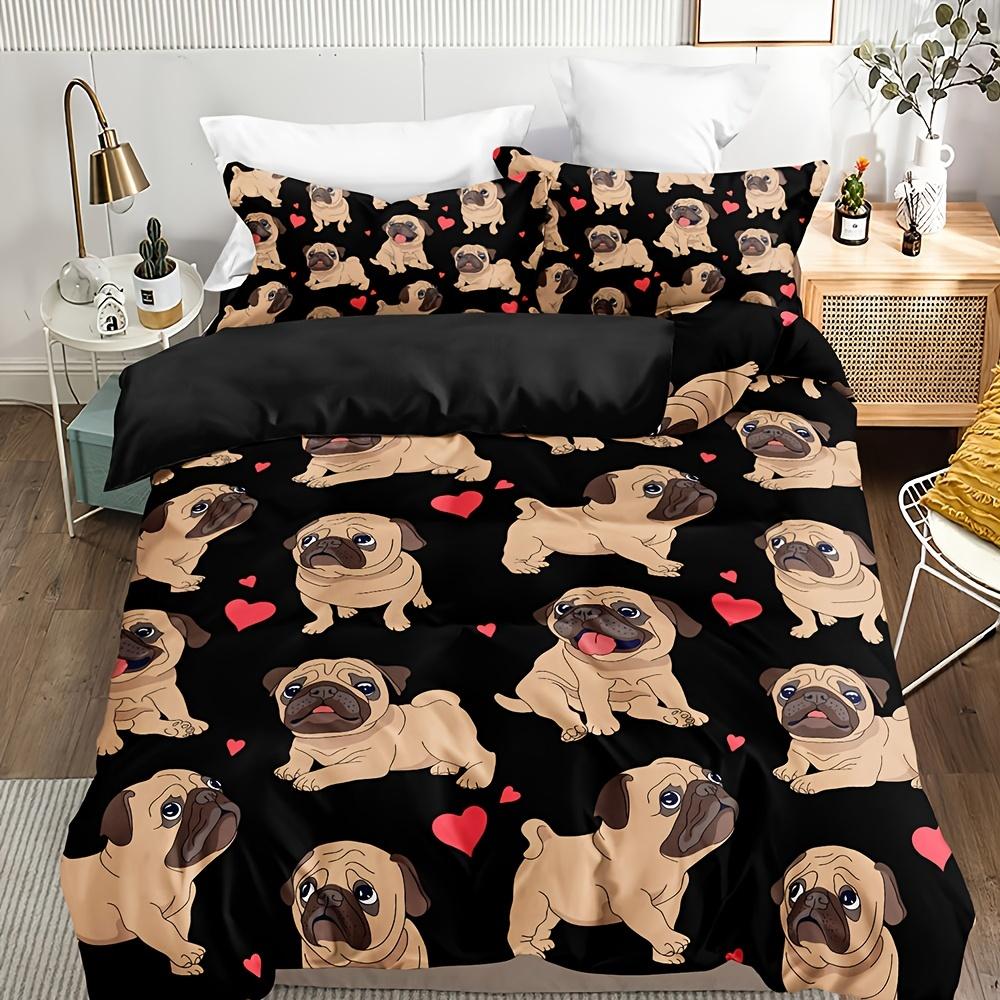 

3Pcs Pug & Heart Quilt Set - Black Background With Playful Pugs & Red Hearts, Machine Washable Polyester, Zip Closure All-Season Duvet Cover Set&EU Single(135x200cm)