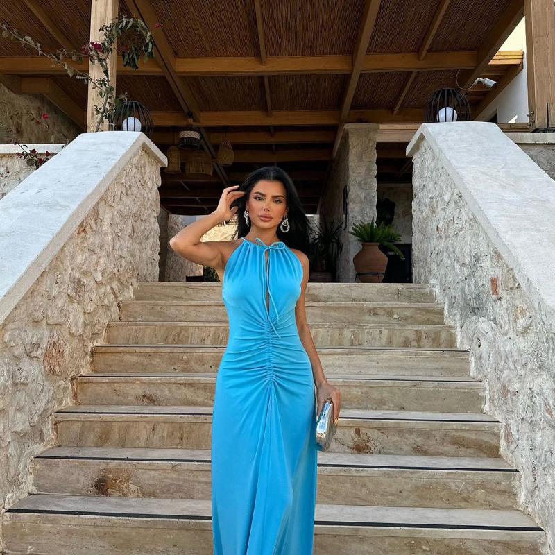 Rochie privată cu pliuri slim fit cu temperament lung