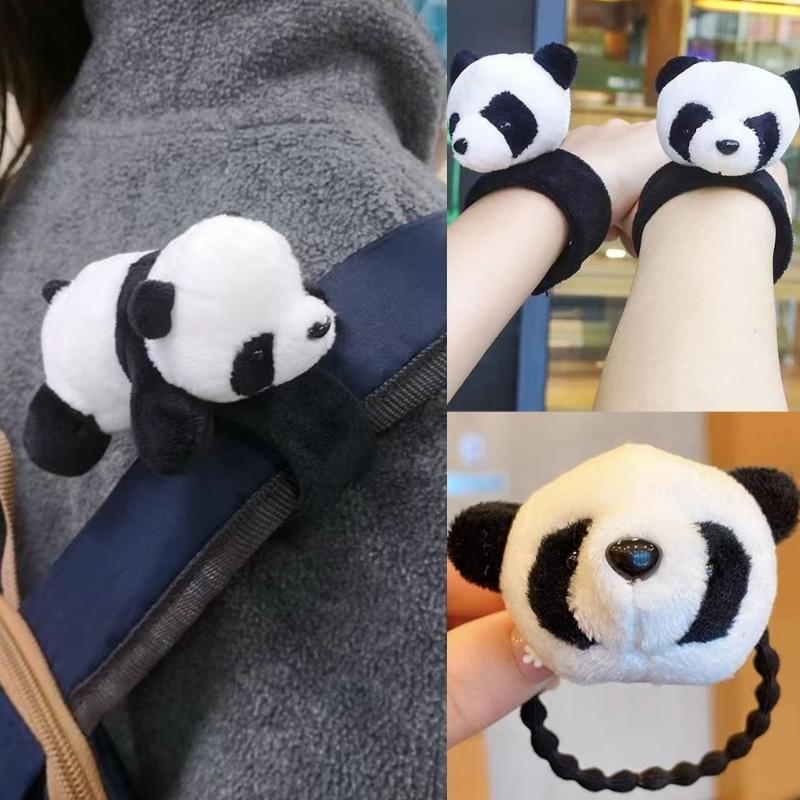 Cute Girls Panda Shape Slap Bracelet Headband Hair Rope Plush Hair Tie Elastic Hair Rope for Girls Cartoon Hair Styling
