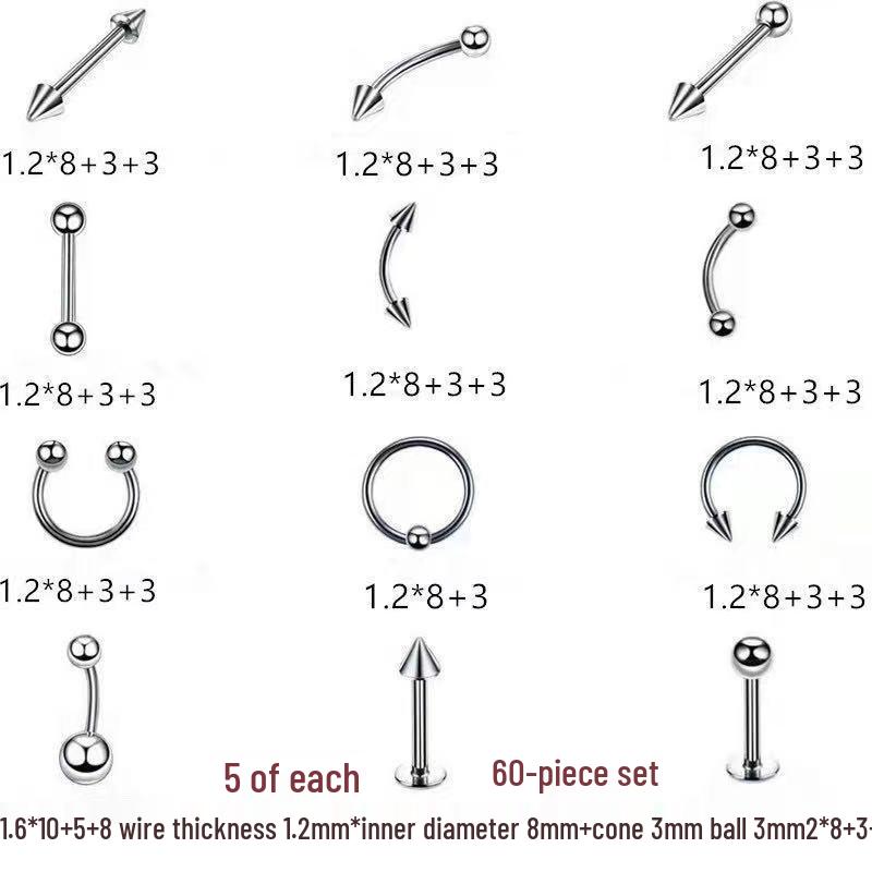 84PCS Mixed Set of Stainless Steel Body Jewelry: Nose Rings, Nose Studs, Eyebrow Studs, Ear Cartilage Studs, Lip Studs, and Navel Rings.