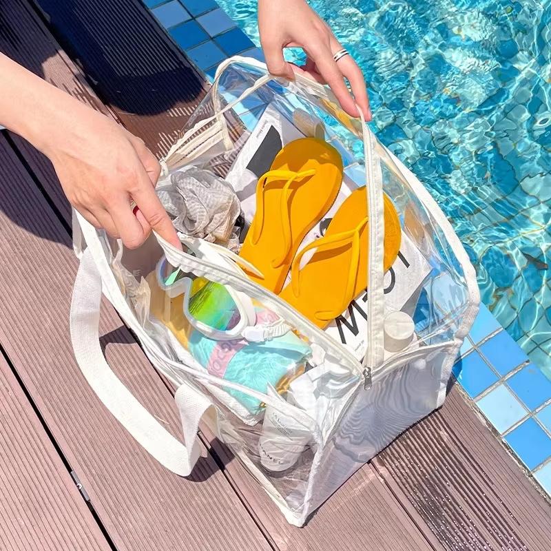 Large Capacity PVC Beach Bag Waterproof Storage Pouch with Button Closure for Toiletries Cosmetics Swimming Pool Travel Outdoor