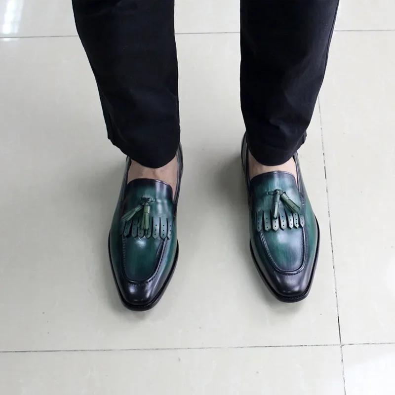FELIX CHU Men's Genuine Leather Handmade Loafers Green/Black Tassel Dress Shoes Autumn Wedding Moccasin Party Footwear