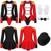 Womens Ringmaster Costume Long Sleeve Lapel Design Fringed Shoulder Back Zipper Bodysuit Hat Bow Collar Gloves Set